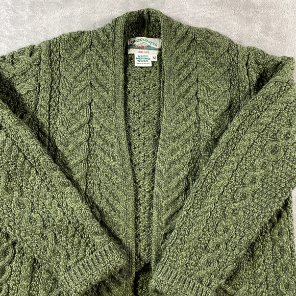 Aran Crafts Cardigan Sweater Womens Medium Green Ireland Merino Wool Cable Knit - Picture 2 of 9